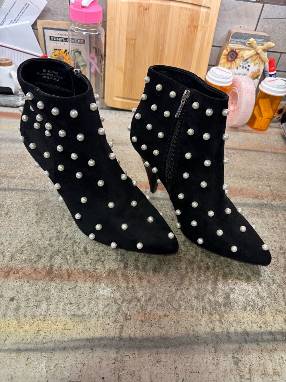 Cato Black Pearl-Studded Pointed Ankle Boots